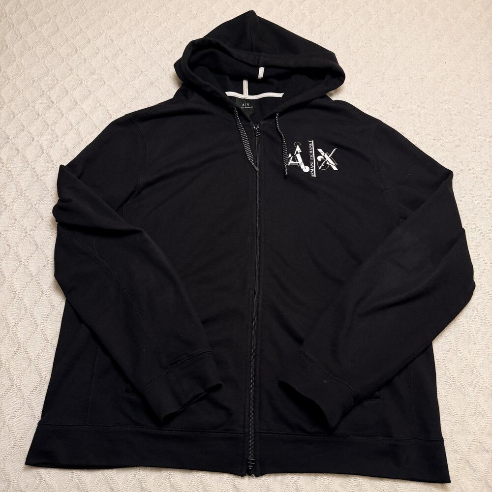 Armani Exchange Hoodie Mens XL Black Spell Out Full Zip Hooded Warm Up